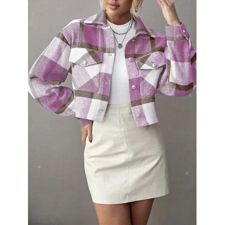 Hotian Women Plaid Crop Jacket With Pocket Hot Pink S | Walmart (US)