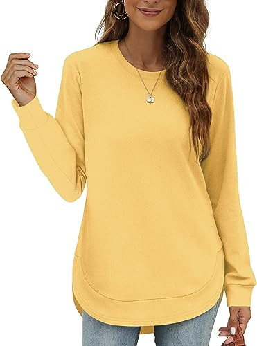 OFEEFAN Womens Sweatshirts Trendy Crewneck Long Sleeve Tshirts Shirts for Women Yellow XL | Amazon (US)