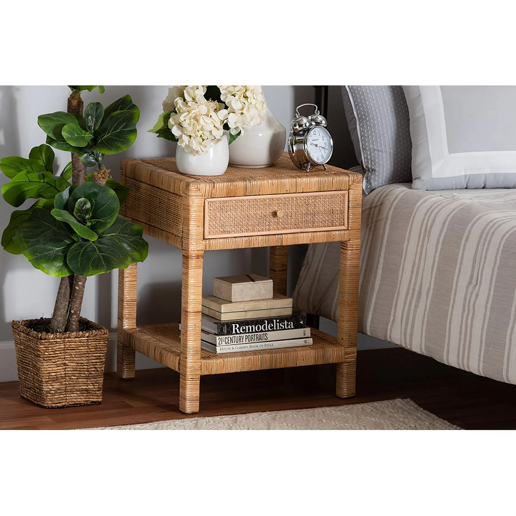 Baxton Studio Adelia Modern Bohemian Natural Rattan and Mahogany Wood 1-Drawer Nightstand | Walmart (US)