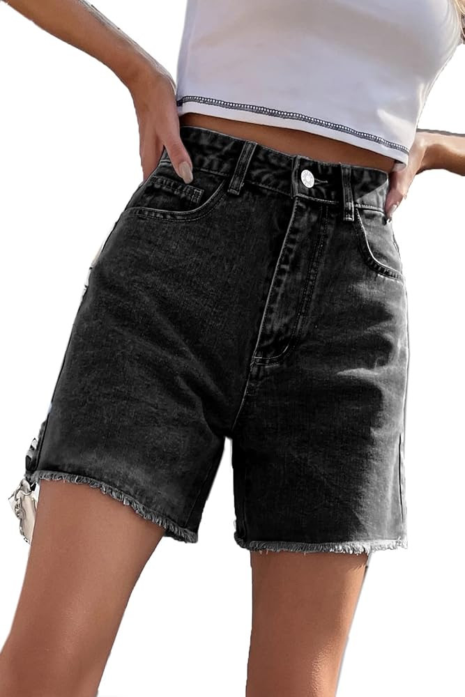 GOLDPKF Womens Jean Shorts for Denim Casual Summer Mid Waist Frayed Stretchy Ripped | Amazon (US)