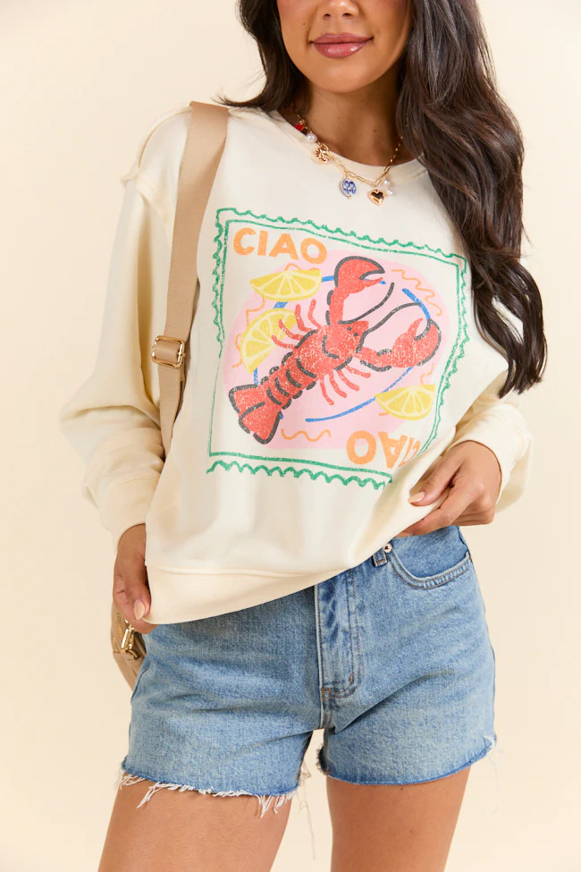 Ciao Ciao Cream Hyfve Raw Hem Fleece Graphic Sweatshirt | Pink Lily
