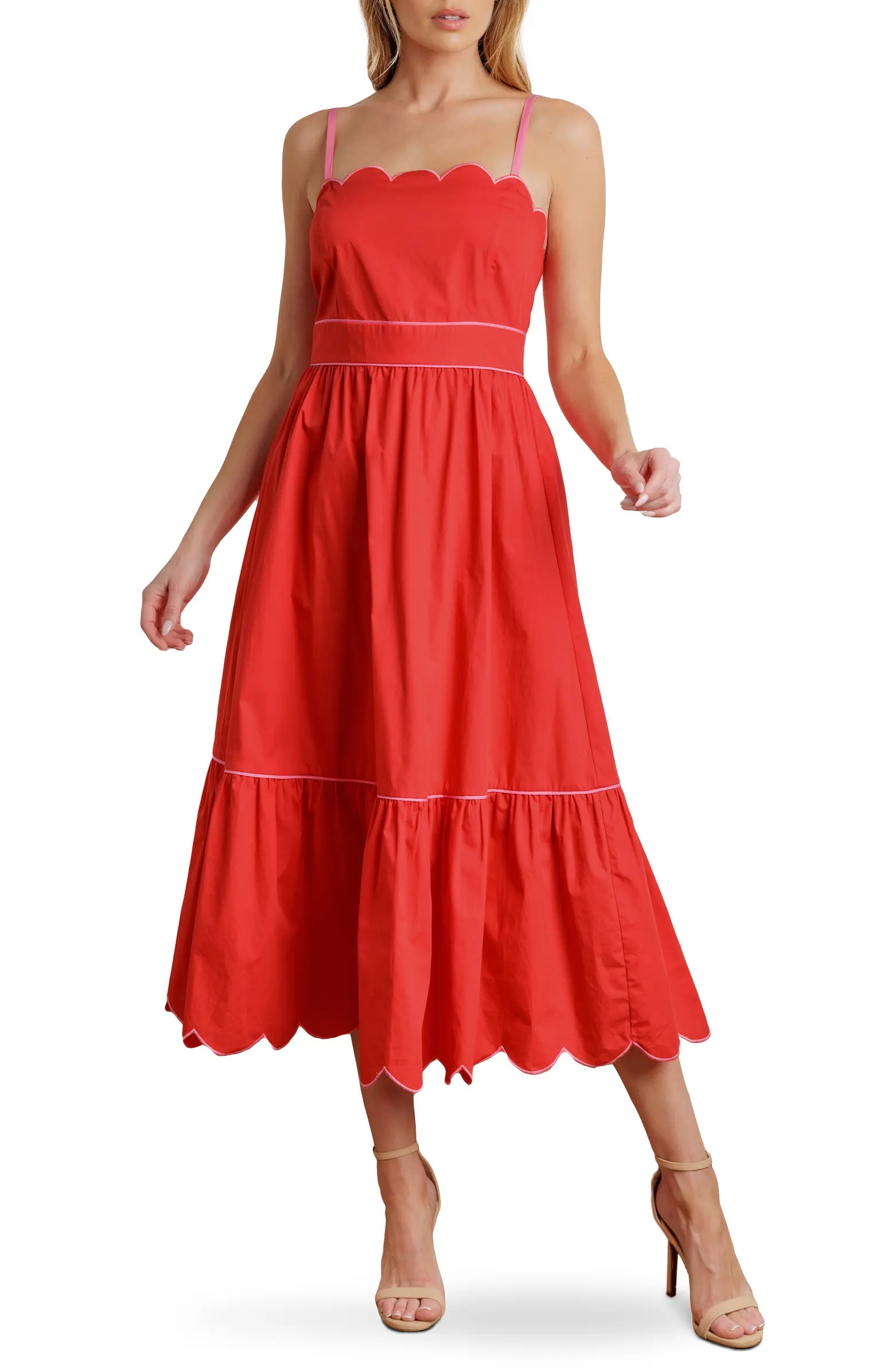 Two-Tone Scalloped Fit & Flare Midi Sundress | Nordstrom Rack
