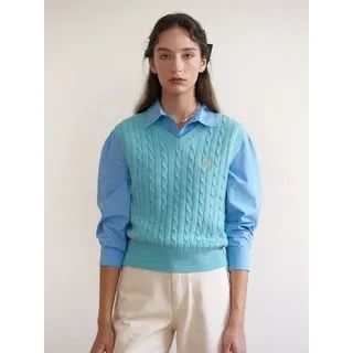 V-Neck Cable-Knit Vest (Blue) Blue - One Size | YesStyle Global