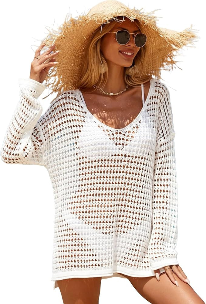 Crochet Swimsuit Coverup for Women Bathing Suit Cover Ups Hollow Out Beachwear | Amazon (US)