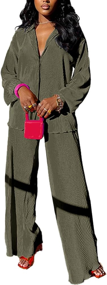 kaimimei Casual 2 Piece Outfit for Women - Linen Long Sleeve Button Down Shirt + Flare Pleated Wi... | Amazon (US)