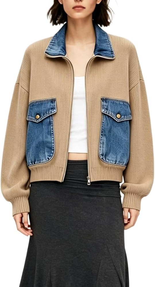 Zip Up Cardigan for Women Denim Lapel Knit Sweater Jackets | Amazon (US)