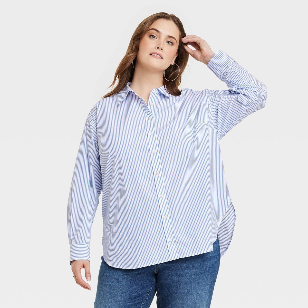 Women's Oversized Long Sleeve Collared Button-Down Shirt - Universal Thread™ Blue Striped XXL | Target