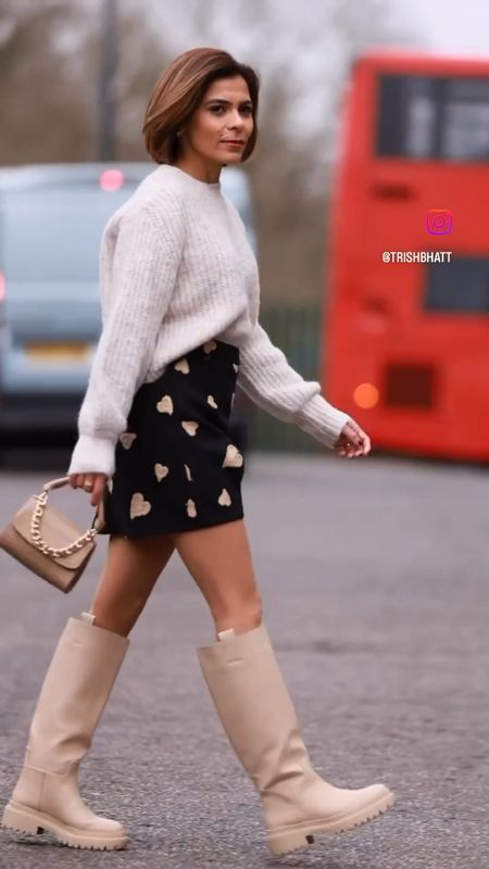 Beige Crop Knit Sweater Hearts Embroidered Wool-Blend Mini Bud Skirt Beige Knee-high boots Transitional Outfit Simple Casual Look Comfy Outfit

#LTKunder100 #LTKstyletip #LTKeurope