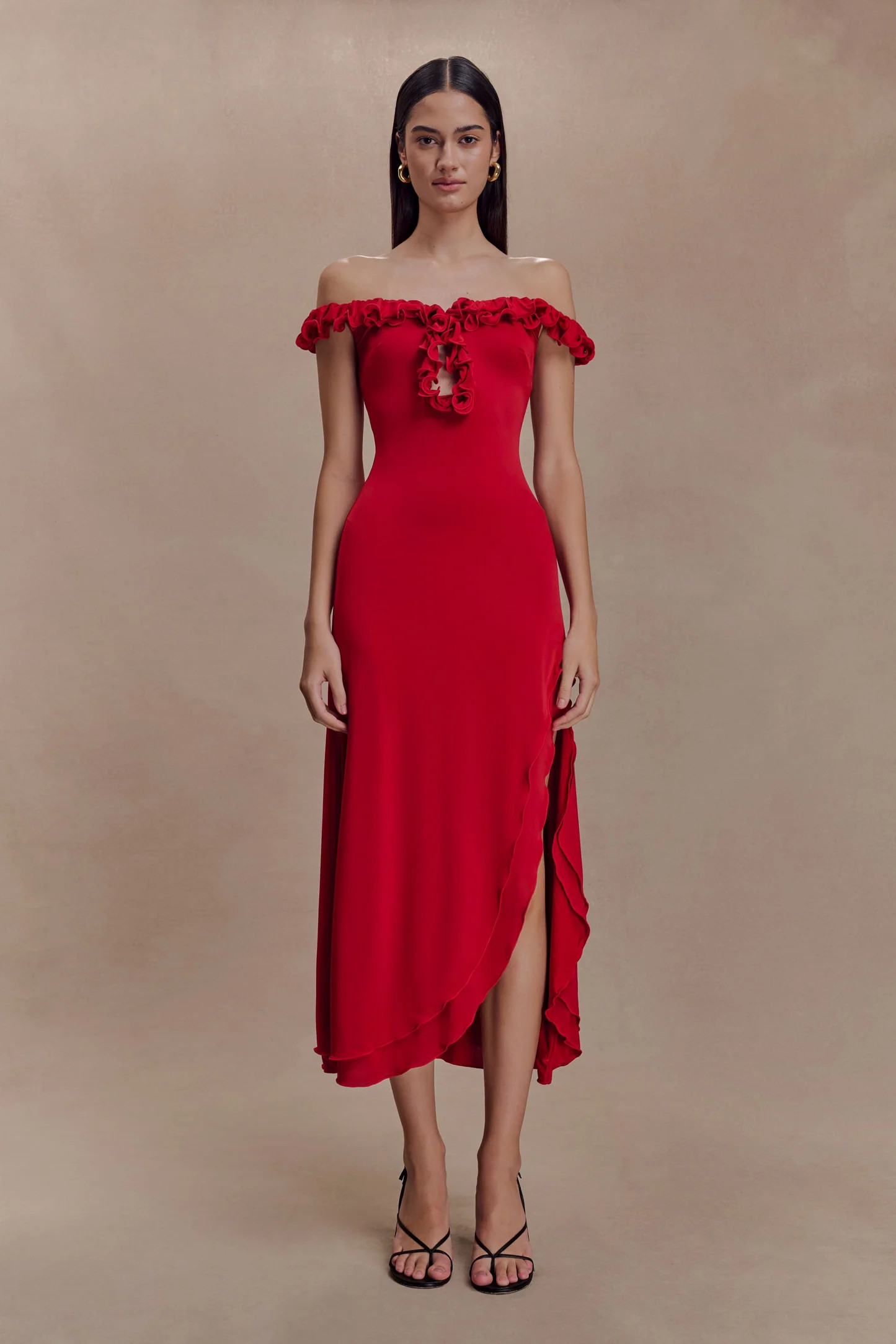 Off Shoulder Ruffle Midi Dress - Ruby | MESHKI US