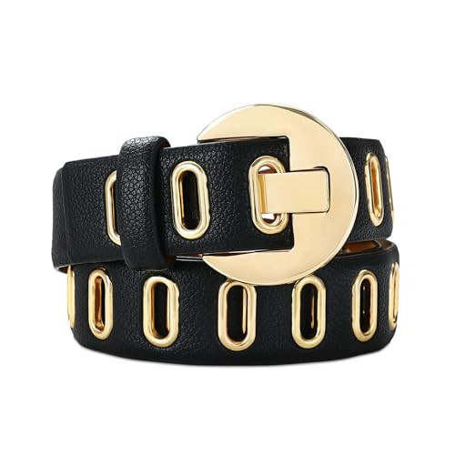 RISANTRY Black Grommet Belt for Women Black Leather Belt Gold Buckle Stylish and Versatile Accessory for Jeans and Skirts | Amazon (US)