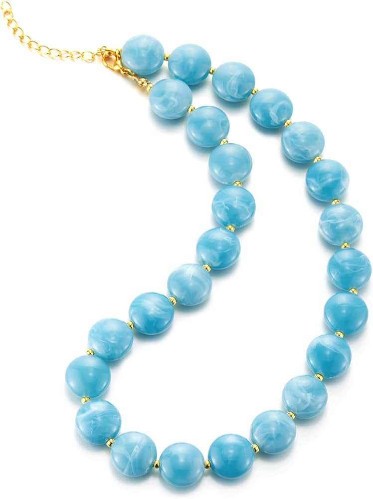 COOLSTEELANDBEYOND Colorful Beads Statement Necklace Journey Blue Resin Beads String Gold Chain A... | Amazon (US)