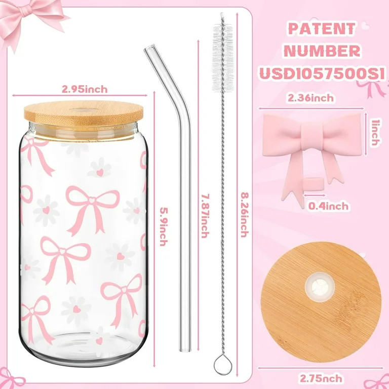 2 Pcs Bowknot Glass Cup, 16oz Reusable Pink Glass Cup with Bamboo Lids, Straws, Silicone Protecto... | Walmart (US)