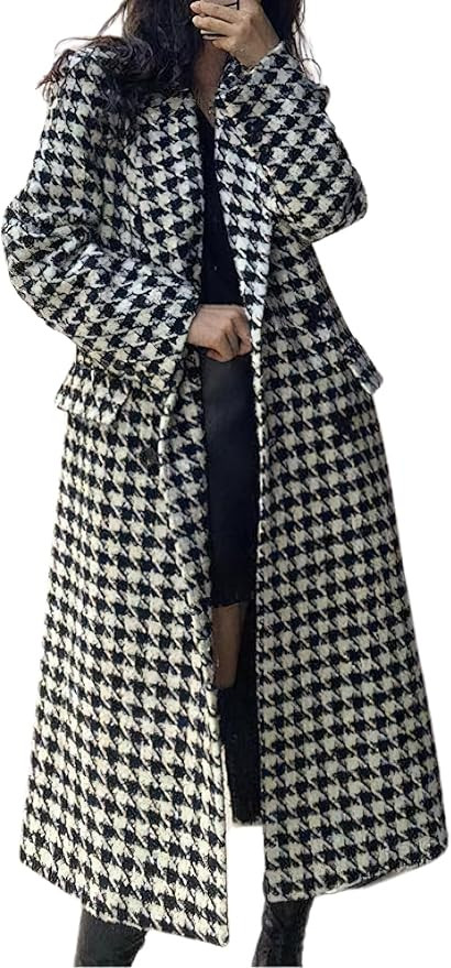 chouyatou Women's Houndstooth Wool Trench Coat Notch Lapel Maxi Long Overcoat Double Breasted Pea... | Amazon (US)