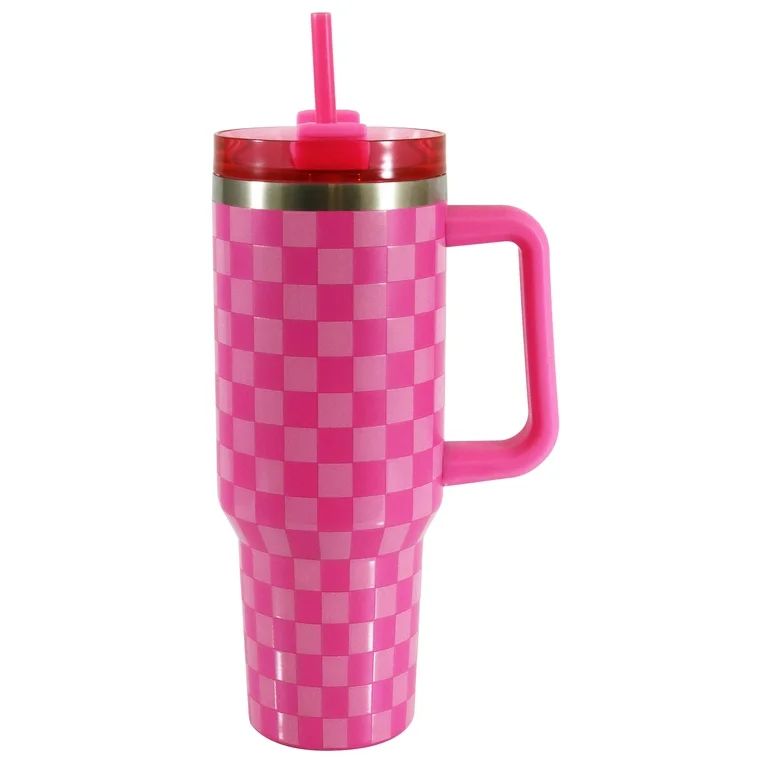 Mainstays 40 oz Stainless Steel Tumbler with Straw and Handle, Double Wall Insulated, Pink Check | Walmart (US)