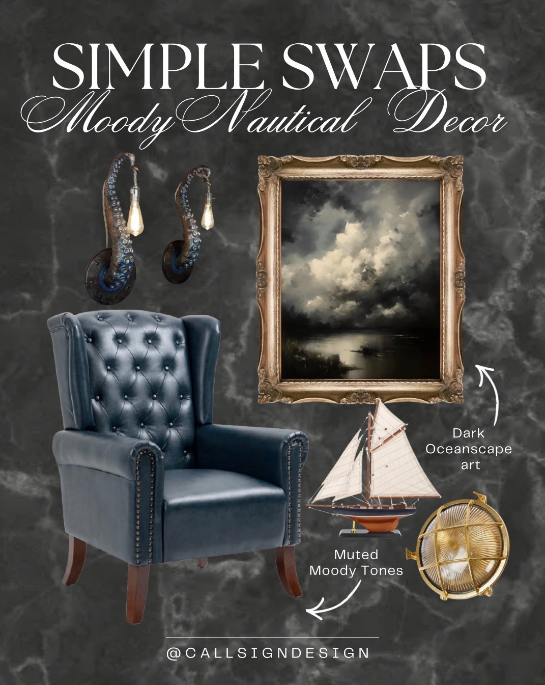 Create a dark and moody nautical vibe layered with depth, texture, and story. Signature pieces paired with custom artwork bring a sense of mystery and old world maritime charm to the space. ⚓🖤 🌊

#NauticalDecor #MoodyInteriors #CoastalStyle #DarkAndDramatic #CollectedHome #HomeDecor #DesignDetails #callsigndesign
