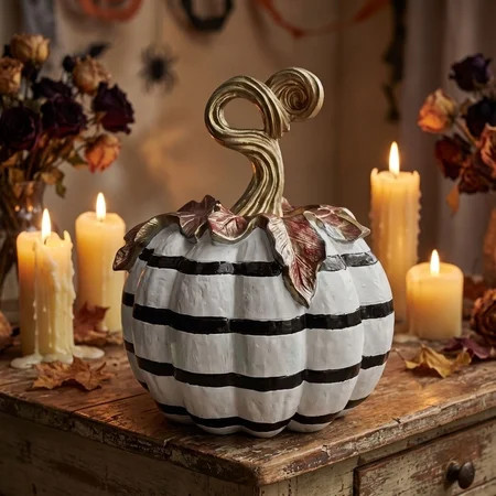 Halloween Decor, Ceramic Pumpkin Decor, Black and White Decor, Fall and Halloween Decor, Striped White Halloween Pumpkin Accent with Curved Gold Hobby and Patterned Autumn Leaves | Walmart (US)