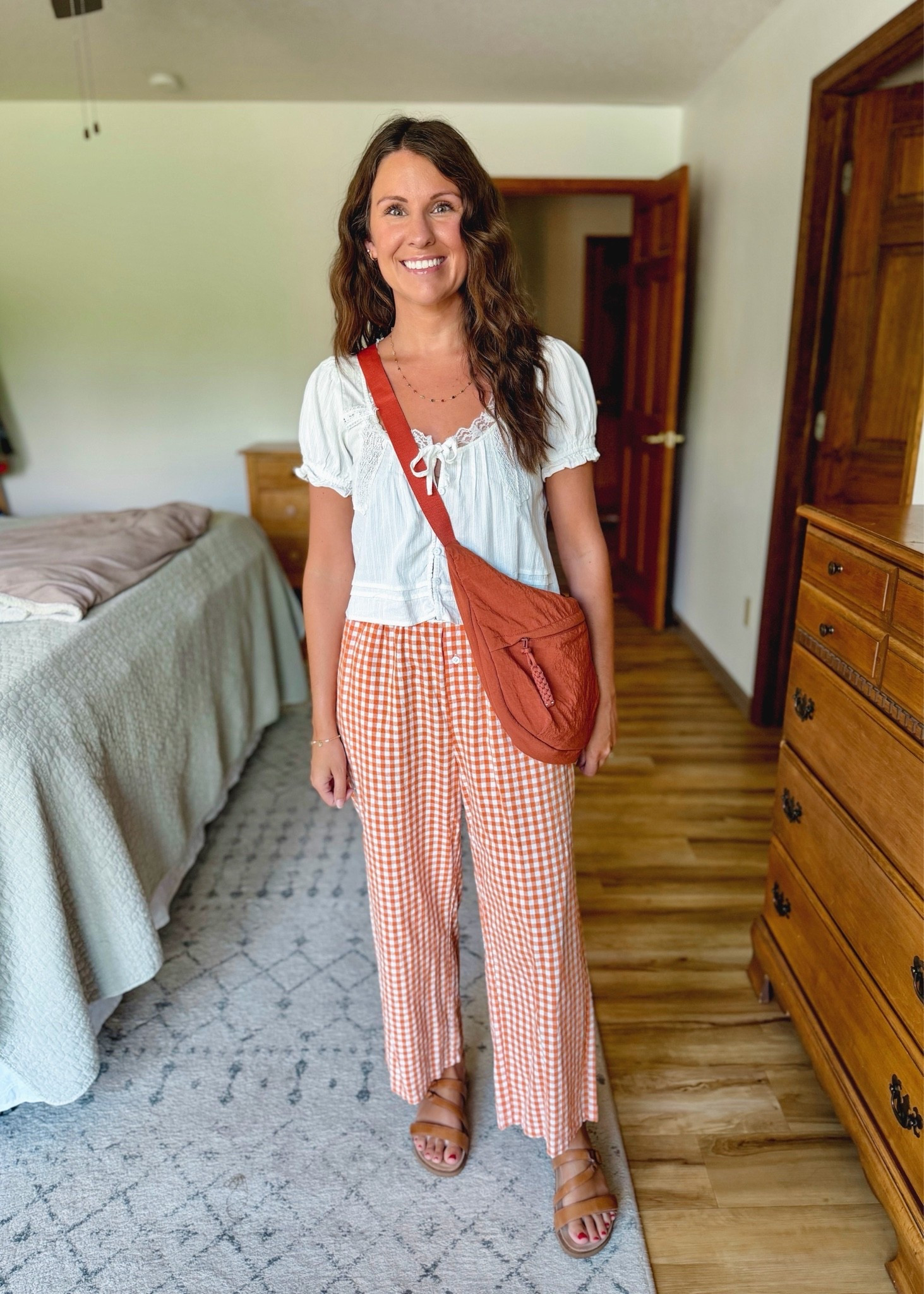 xs in my top (also linked some similar ones) and xs in my orange gingham pants. My sandals are size 6.

#LTKPetite #LTKSeasonal #LTKootd