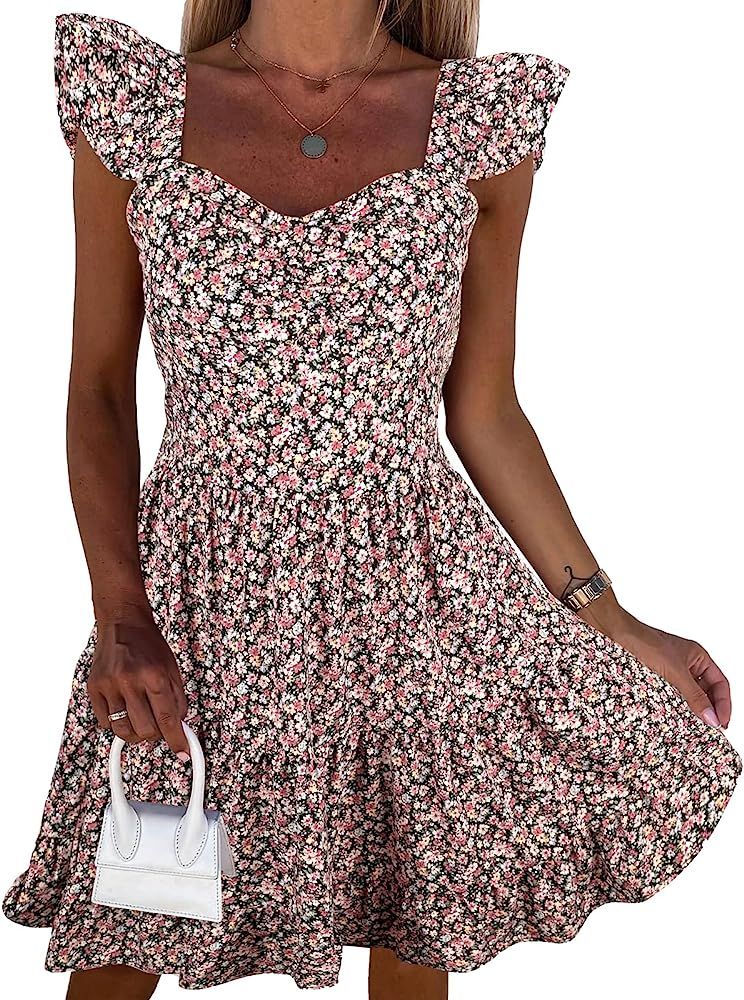 PRETTYGARDEN Women's Casual Summer Dress Floral Boho Ruffle Strap Backless Tiered Mini Short Beac... | Amazon (US)