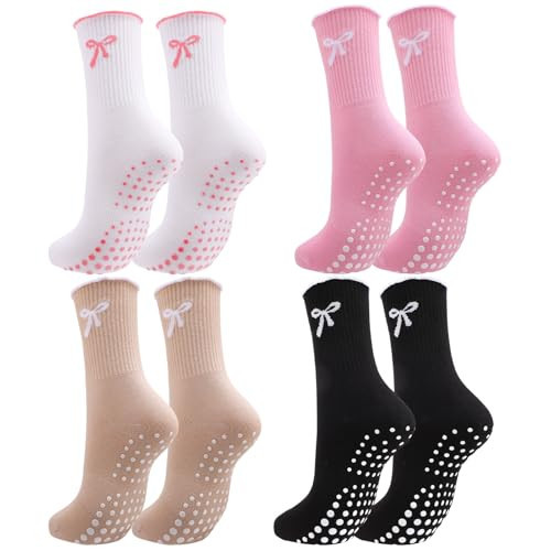 scenicamp 4 Pairs Cute Pilates Grip Socks for Women, Ruffle Bow Non Slip Crew Grippy Yoga Socks for Gym Ballet Barre Workout Hospital | Amazon (US)