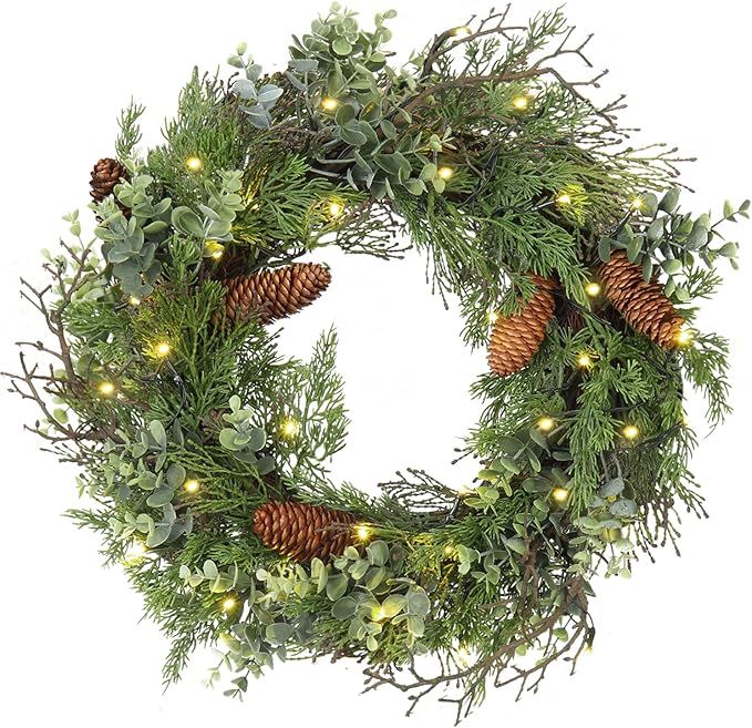 Lighted Christmas Wreath for Front Door Green Wreath Decorated with Pine Cones,Berry Clusters, Ab... | Amazon (US)