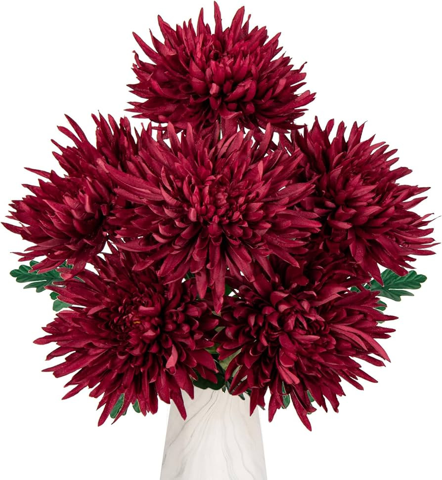 Hollyone 6Pcs Red Artificial Mums for Outdoors Fall Flowers Fall Mums Decor Large Chrysanthemum F... | Amazon (US)