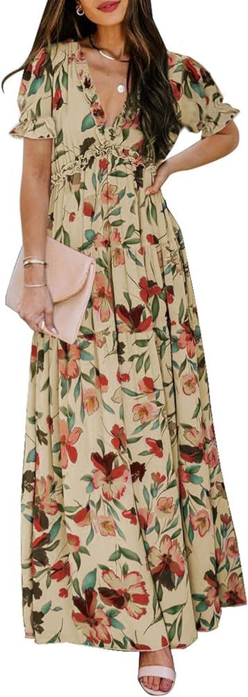 BLENCOT Womens Casual Short Sleeve Boho Floral Printed V Neck Long Dress Ruched Cocktail Party Ma... | Amazon (US)