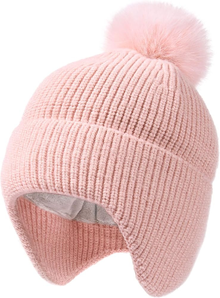 Toddler Baby Winter Hat Warm Fleece Lined Knit Kids Hat with Earflap Infant Newborn Pom Pom Beani... | Amazon (US)