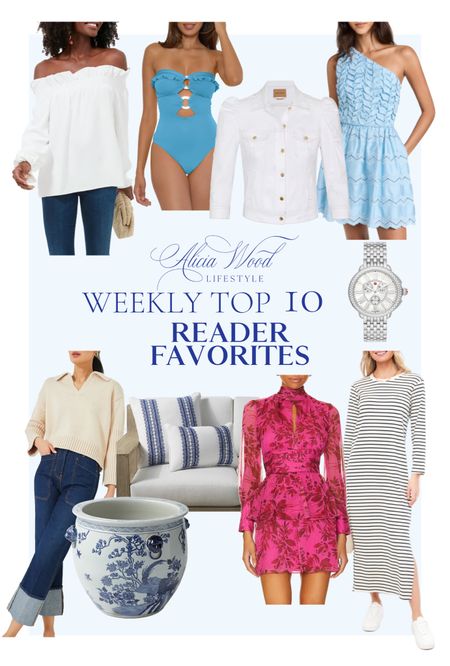 The Weekly Top 10!  💖

Michele diamond chronograph watch 
polo sweater
Off the shoulder blouse 
Tripe’s indoor/outdoor pillow
One shoulder light blue dress
Ruffle strapless one piece swimsuit with cutout detail
Flirty red and pink mini dress
Puff sleeve denim jacket in white 
Navy and white striped maxi dress 
Blue Ming planter 


#LTKSeasonal #LTKstyletip #LTKover40