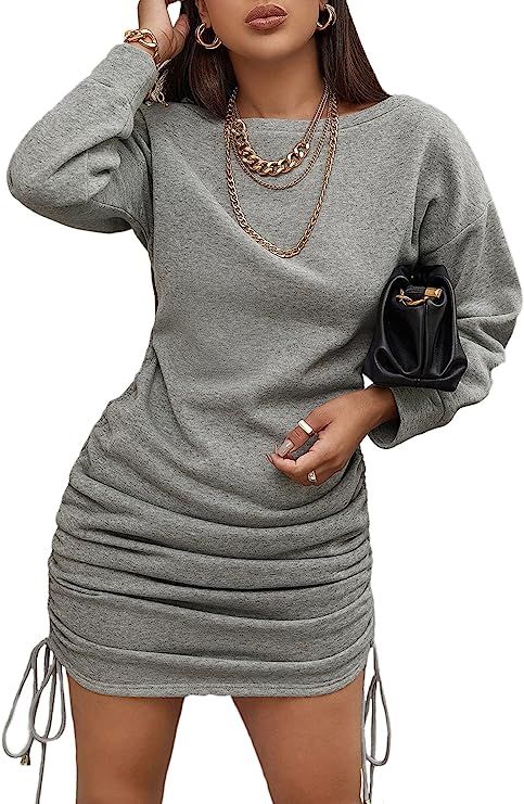 GORGLITTER Women's Ruched Long Sleeve Mini Sweatshirt Dress Drawstring Round Neck Hoodie Dresses | Amazon (US)
