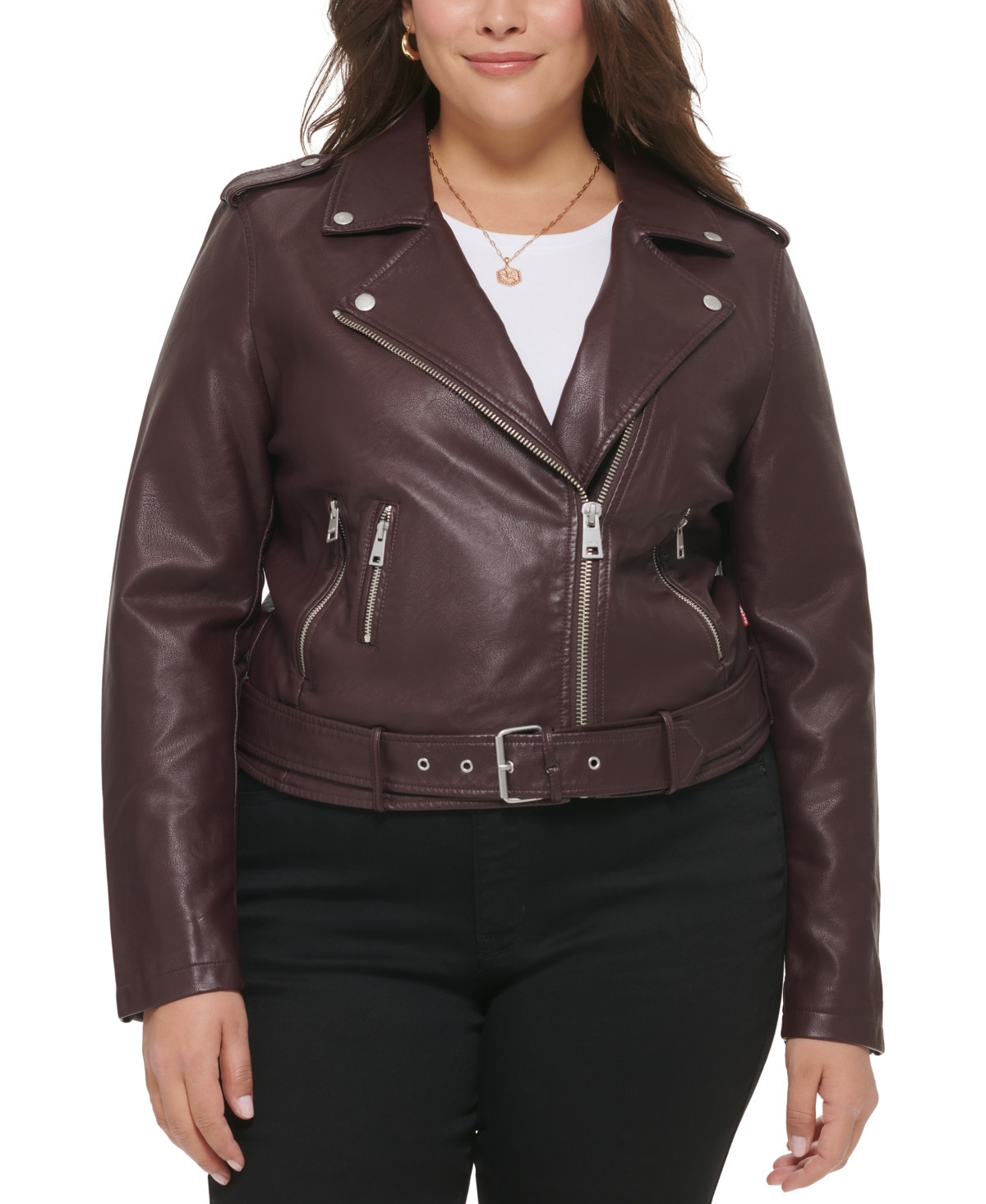 Levi's Plus Size Faux Leather Belted Motorcycle Jacket - Burgundy | Macy's