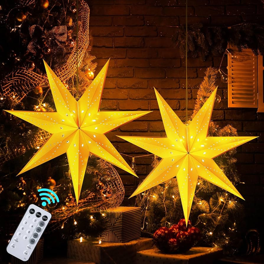 Hiboom 2 Pack Paper Star Lantern 24 Inch, 8 Mode 50 LEDs Firework Fairy String Lights, Seven Poin... | Amazon (US)