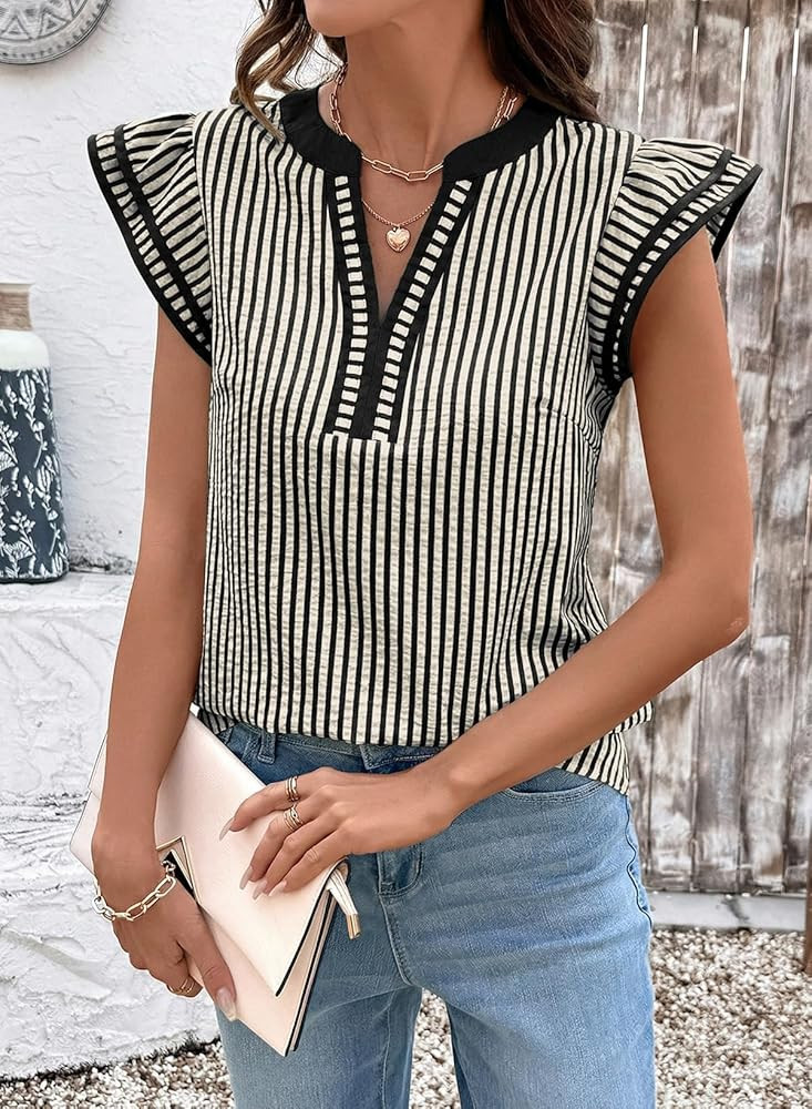 Dokotoo Blouses for Women Dressy Casual 2026 Spring Fashion Striped V Neck Short Sleeve Shirts fo... | Amazon (US)