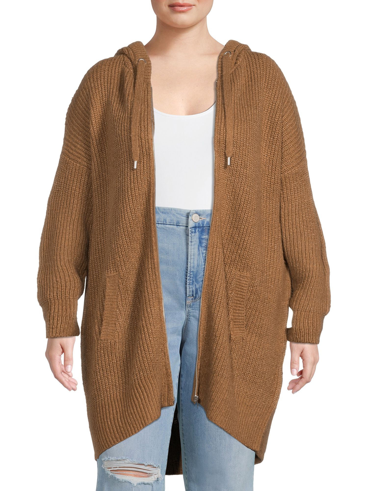 Terra & Sky Women's Plus Size Zip-Front Hooded Sweater - Walmart.com | Walmart (US)