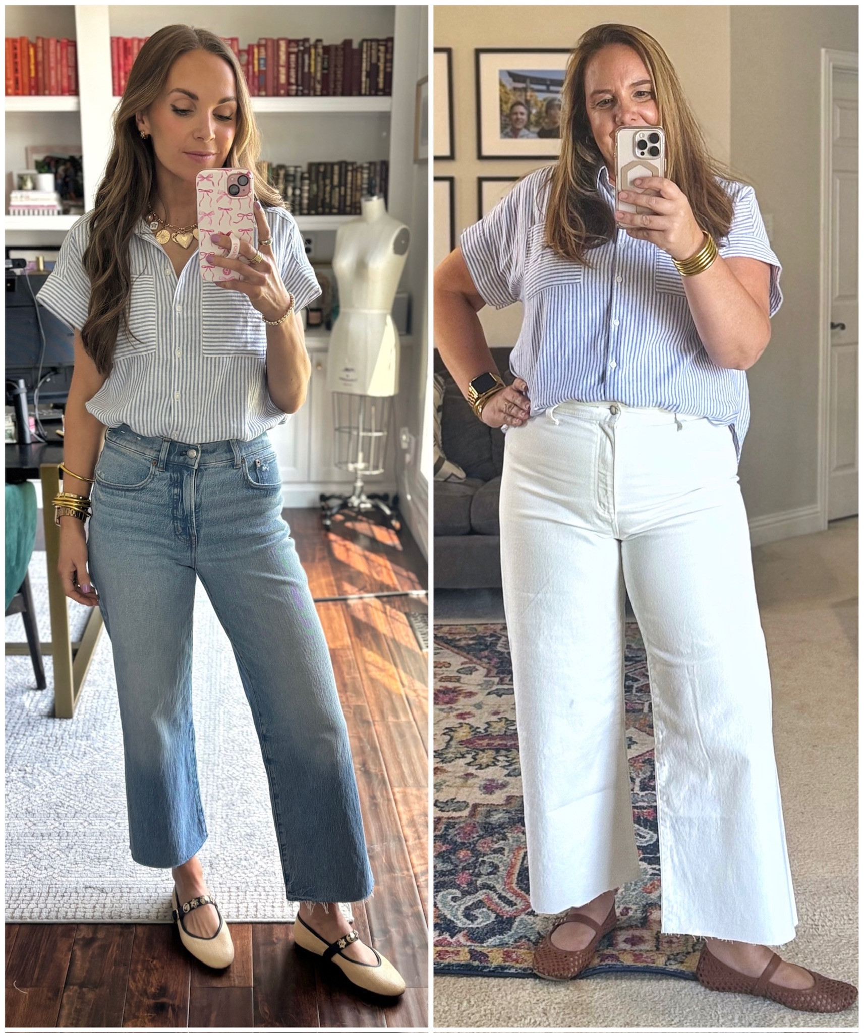 Wednesday Twinning in our fave @nordstrom linen shirt — now 30% off! I’m in an XS, Kristie’s in a large 🤍 Styled with @target white jeans, @madewell jeans + flats, @buddhagirl bracelets, and  @anthropologie necklace. 

 

#LTKxMadewell #LTKMidsize #LTKStyleTip