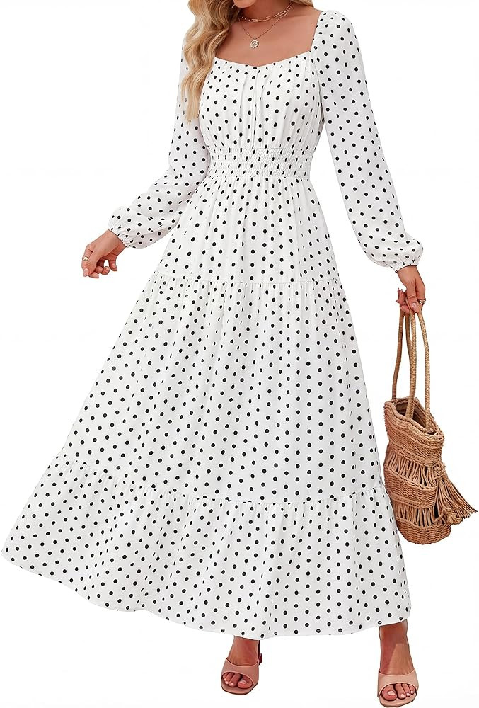 BTFBM Long Sleeve Dress for Women 2026 Spring Fall Boho Floral Square Neck Casual Flowy Long Wedd... | Amazon (US)