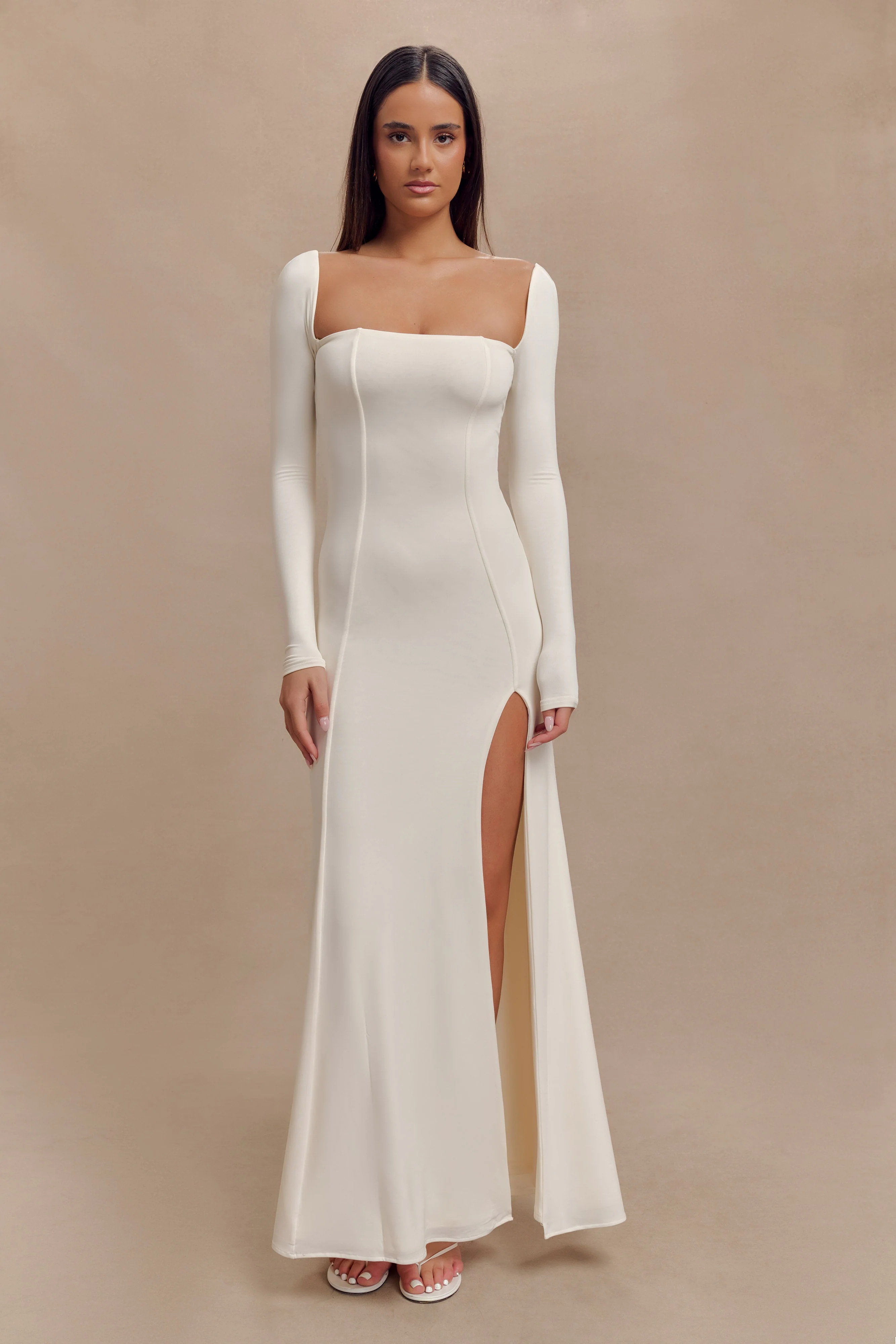 Desirie Slinky Long Sleeve Maxi Dress With Split - Ivory | MESHKI US