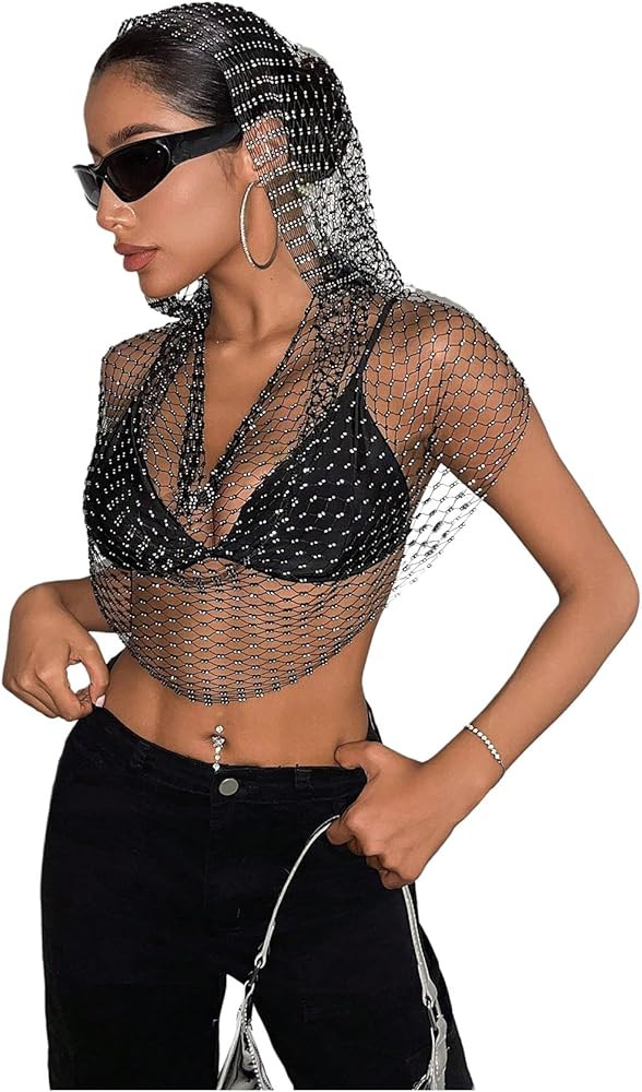 Floerns Women's Rhinestone Fishnet Mesh Hoodie Sheer Sleeveless Club Crop Tops | Amazon (US)