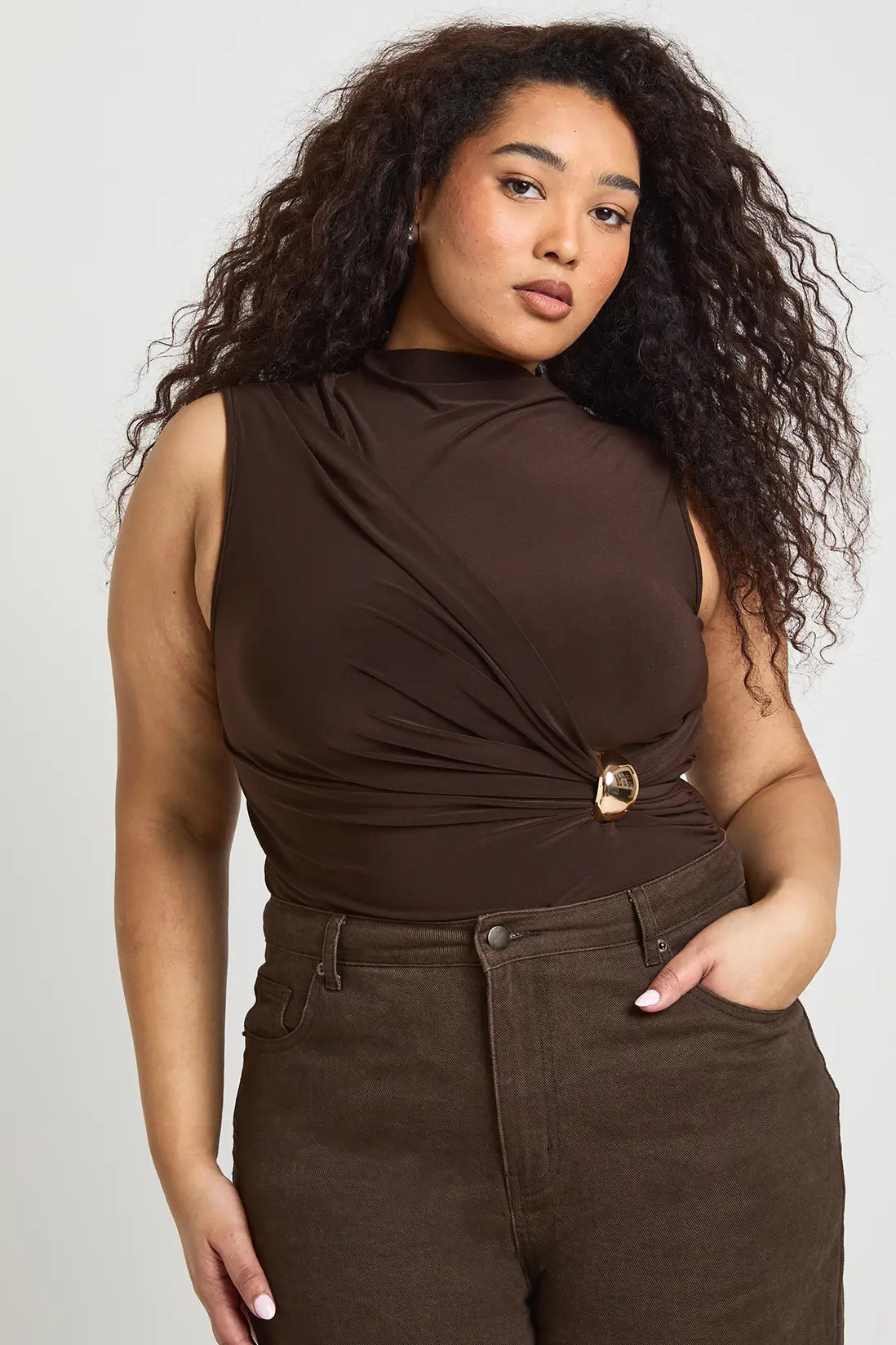 Chocolate Plus Ruched Drape Gold Trim Sleeveless Bodysuit | Boohoo USA | boohoo (US & Canada)