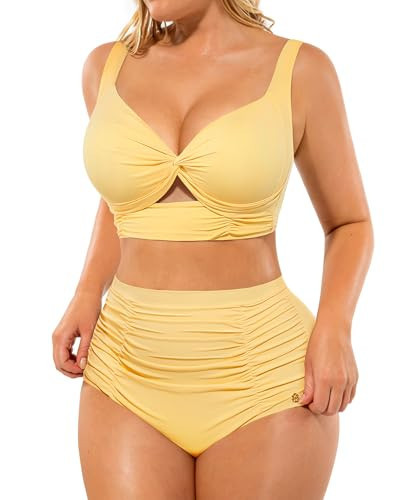 SHAPELLX Two Piece Swimsuits for Women Tummy Control Bikini High Waisted Bathing Suit V Neck Twist Front Swimwear (Yellow, Small) | Amazon (US)