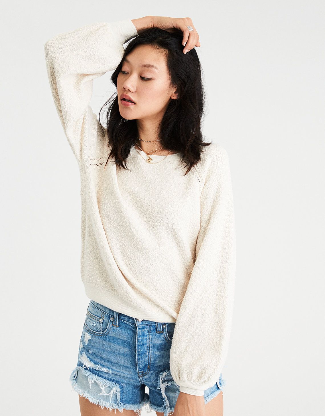 AE Boucle Balloon Sleeve Sweater, Cream | American Eagle Outfitters (US & CA)