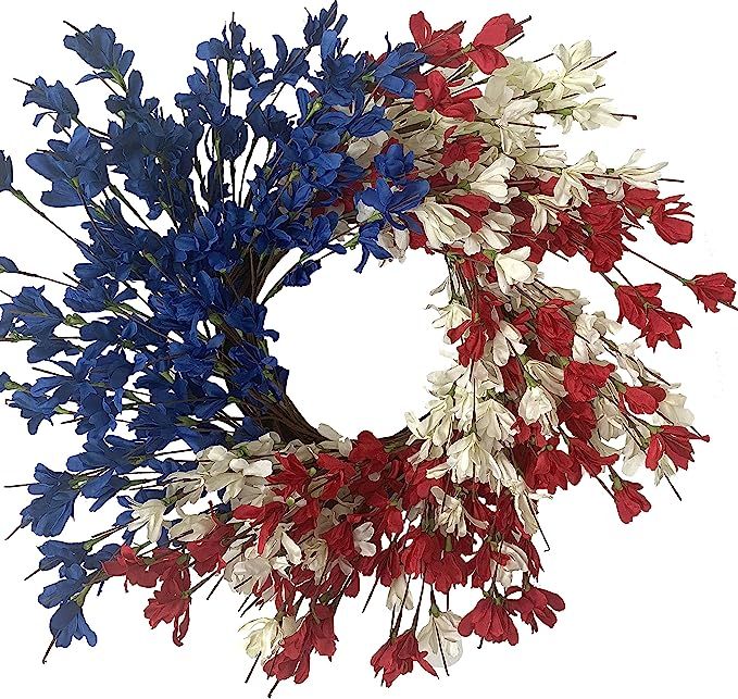 24 Inch Patriotic Wreath Summer Front Door Wreath 4th of July Forsythia Door for Memorial Day Ame... | Amazon (US)