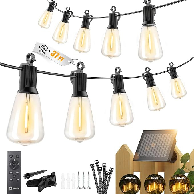 Brightown 37FT Solar String Lights Outdoor Waterproof, Patio Lights with Remote and 10+1 LED Shat... | Amazon (US)
