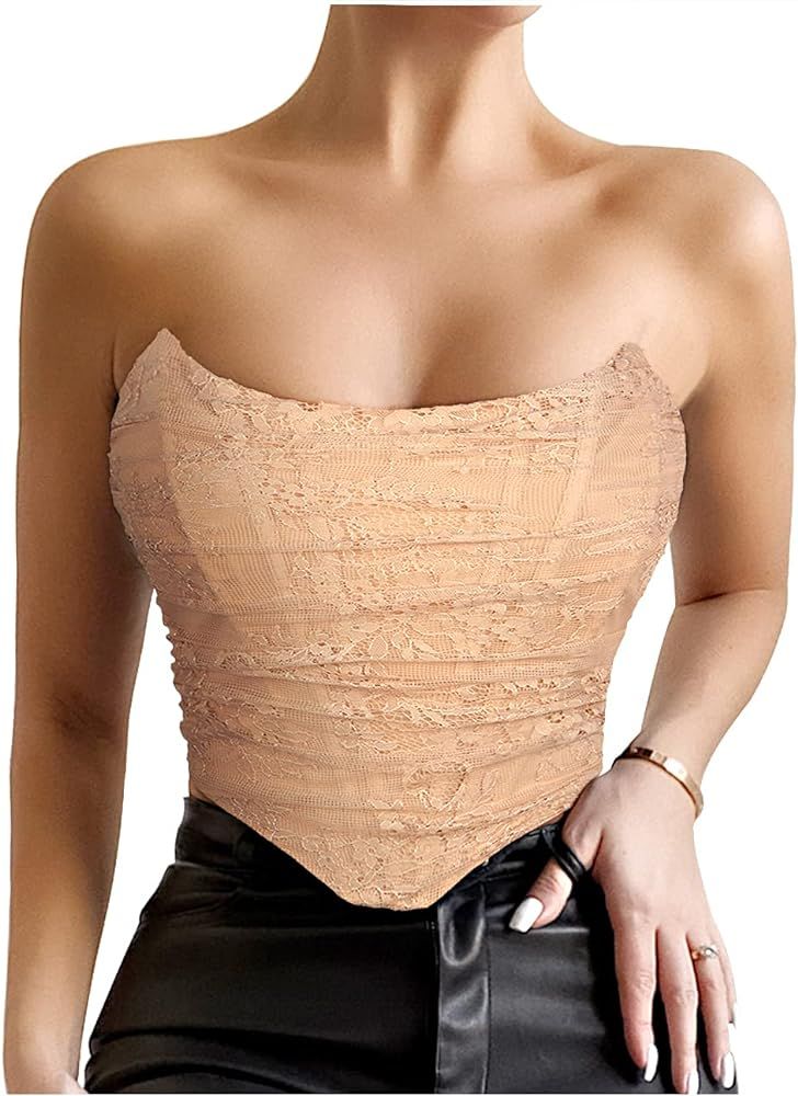 Junova Women's Sexy Strapless Floral Lace Bustier Open Back Boned Corset Crop Top | Amazon (US)