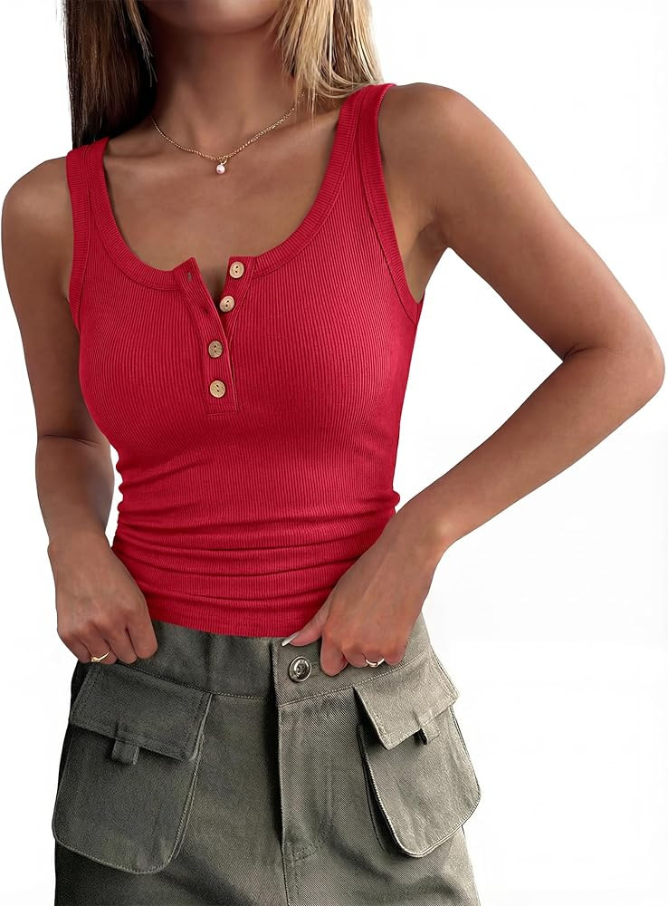 ANRABESS Tank Tops for Women Summer Basic Ribbed Henley Slim Fitted Sleeveless Cami Shirts Button... | Amazon (US)