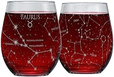 Greenline Goods Taurus Stemless Wine Glasses Zodiac Taurus Set Hand Etched 15 oz (Set of 2) - Ast... | Amazon (US)