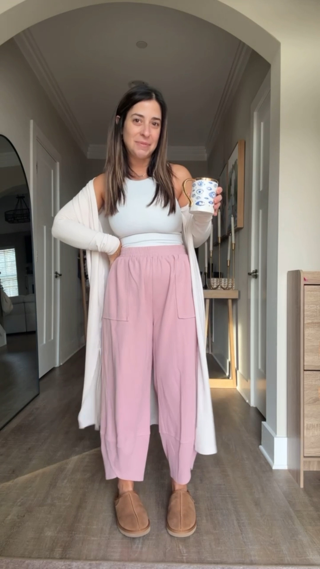 School drop off outfit today is cozy, comfy and so freaking cute. These lounge pants are the epitome of short girl perfection (I own them in so many different colors). This double lined high neck tank is one of my most worn basics and I love this long cardigan. 
Casual mom outfit, school drop off outfit inspo 

#LTKFindsUnder50 #LTKPetite #LTKMidsize
