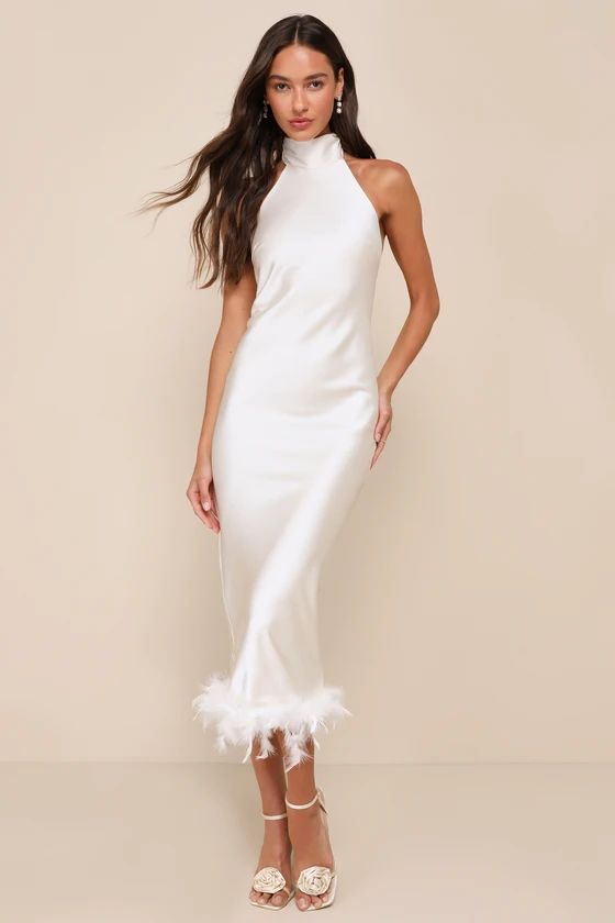 Cream Textured Halter Feather Hem Maxi Dress | White Dress Bride | White Dress Bridal | Lulus
