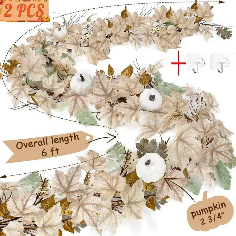 2 Pack Fall Garland - 6 Ft Autumn Maples Leaf Pumpkin Berry Garland - Thanksgiving Mantle Firepla... | Walmart (US)