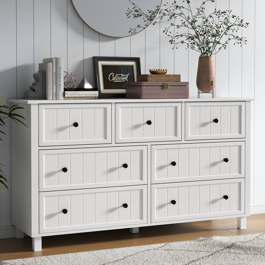 Farmhouse 7 Drawers Dresser for Bedroom, White Dresser Chest of Drawers, Wood Storage Dresser wit... | Amazon (US)