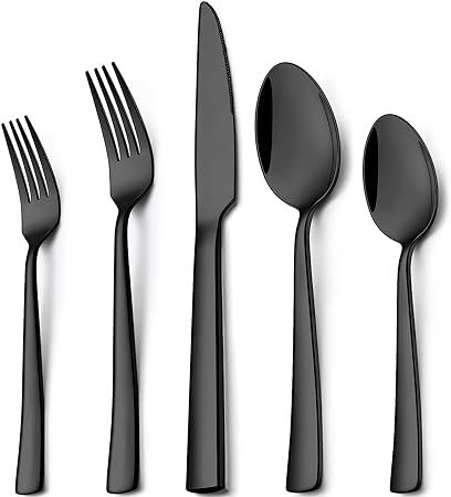 Wildone 60-Piece Black Silverware Set, Stainless Steel Flatware Square Cutlery Set Service for 12... | Amazon (US)